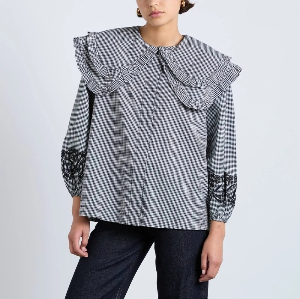 Damson Madder Lois Double Collar Blouse Black Gingham EU 16 /US 12 (See Meas)